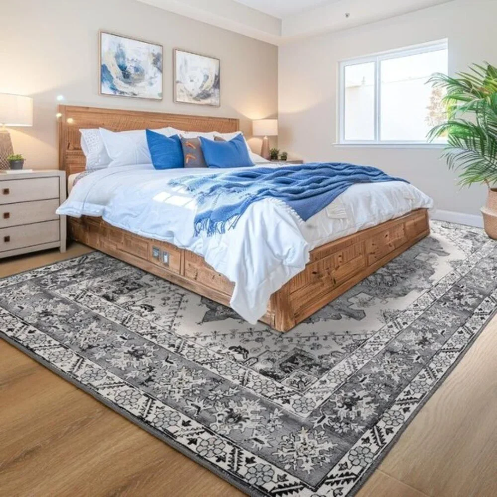 New 6x9 Washable Area Rug, Grey Blue Vintage Non-Slip Low Pile Carpet for Home